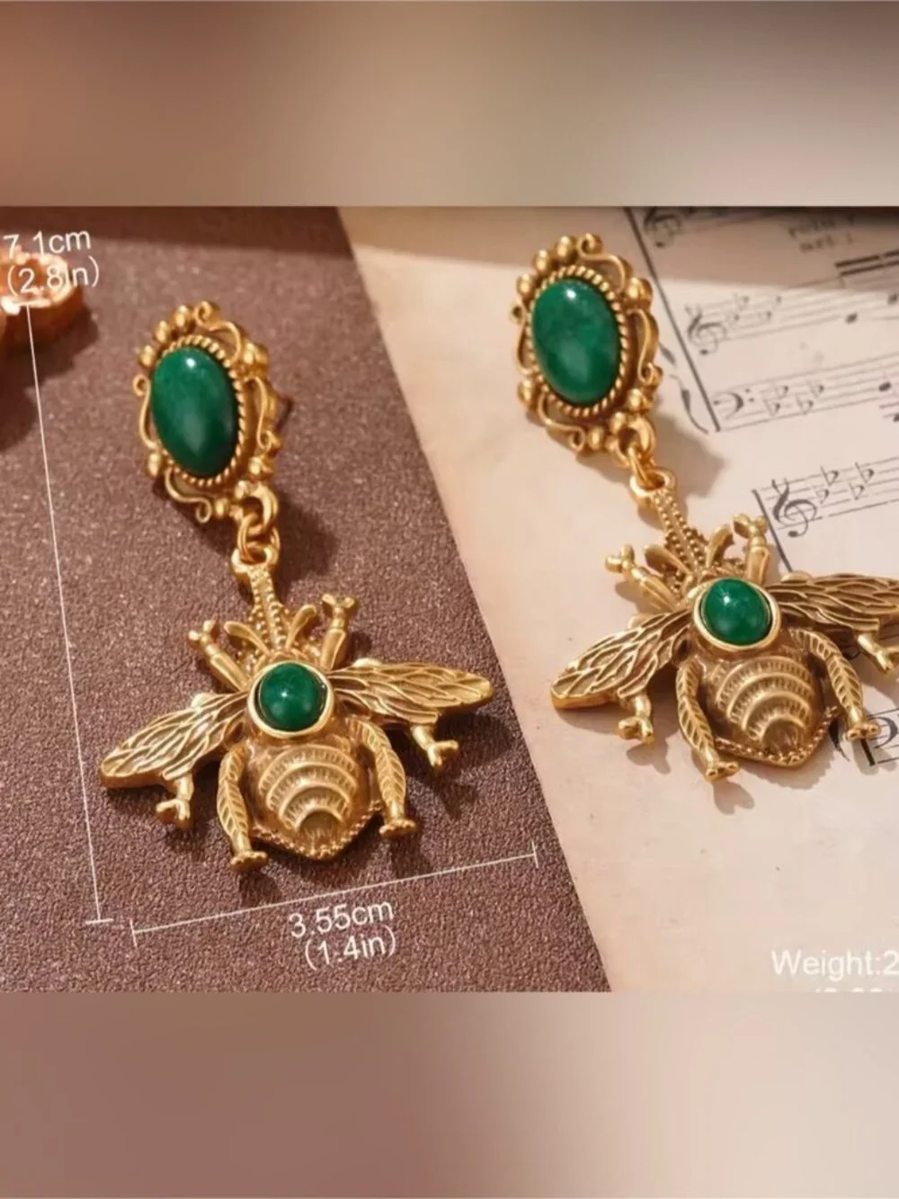 Vintage Gold Bee Drop Earrings with Green Stones